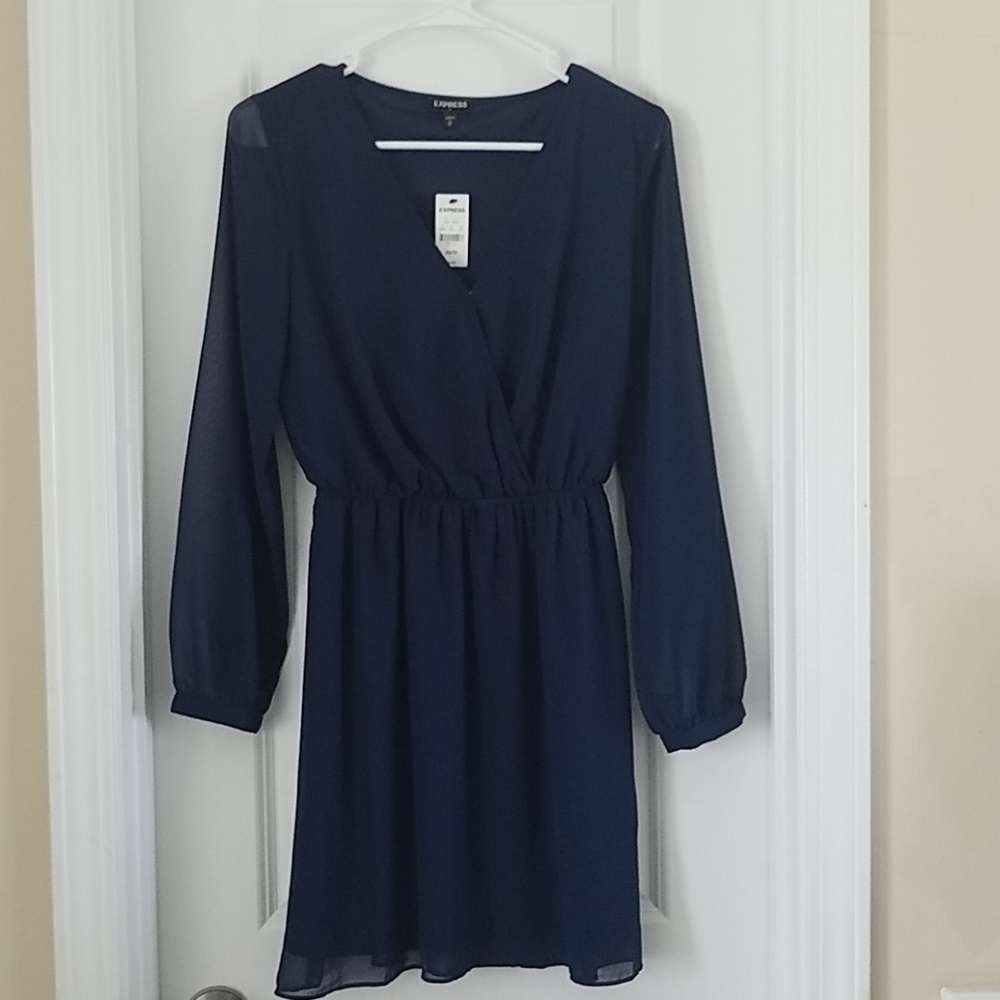 Navy Dress with Sheer Sleeves NWT